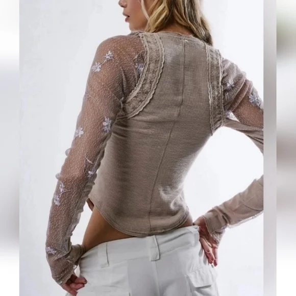 Free People Women’s Small Jolie Long Sheer Sleeves Square Neck Cashmere Camo New - Picture 2 of 10